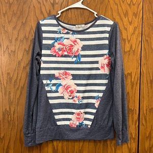 Small Soteer Blue and Pink stripe/Floral Long Sleeve T-shirt